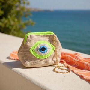 Handmade Crochet Evil Eye Clutch – Boho Chic Bag in Lime Green
